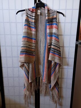 Lildy Fringe Knit Sweater Vest - Beige with Blue & Coral Stripes